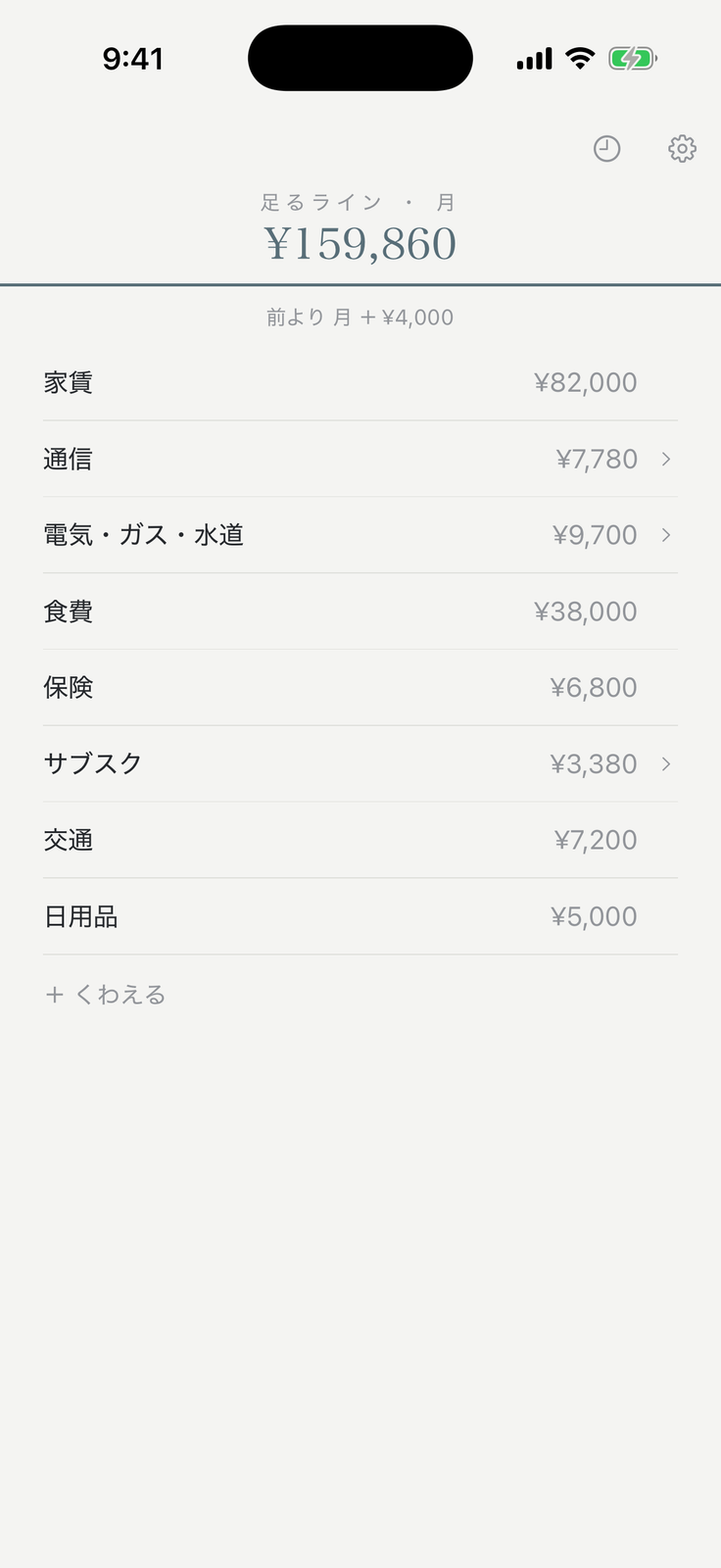 tsukubai の画面。足るラインと暮らしの項目が並んでいる
